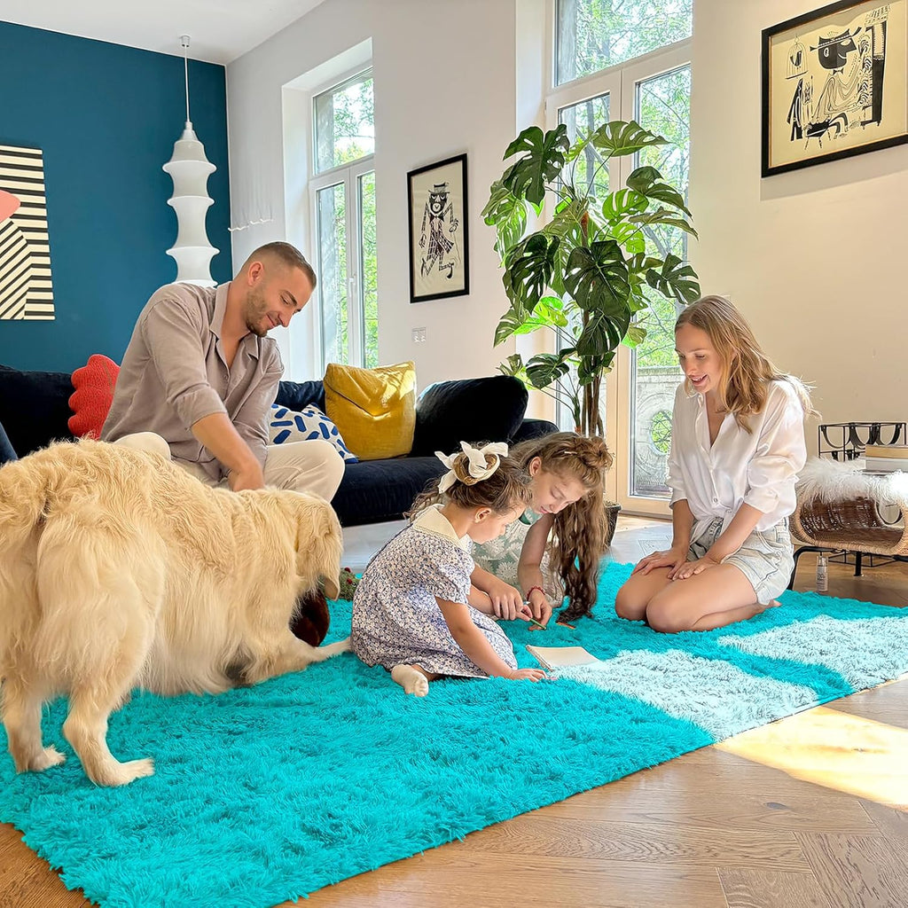 OLANLY Area Rugs - Soft Fluffy Shaggy Carpet for Living Room & Bedroom | Machine Washable 4x5.9 ft, Teal Blue