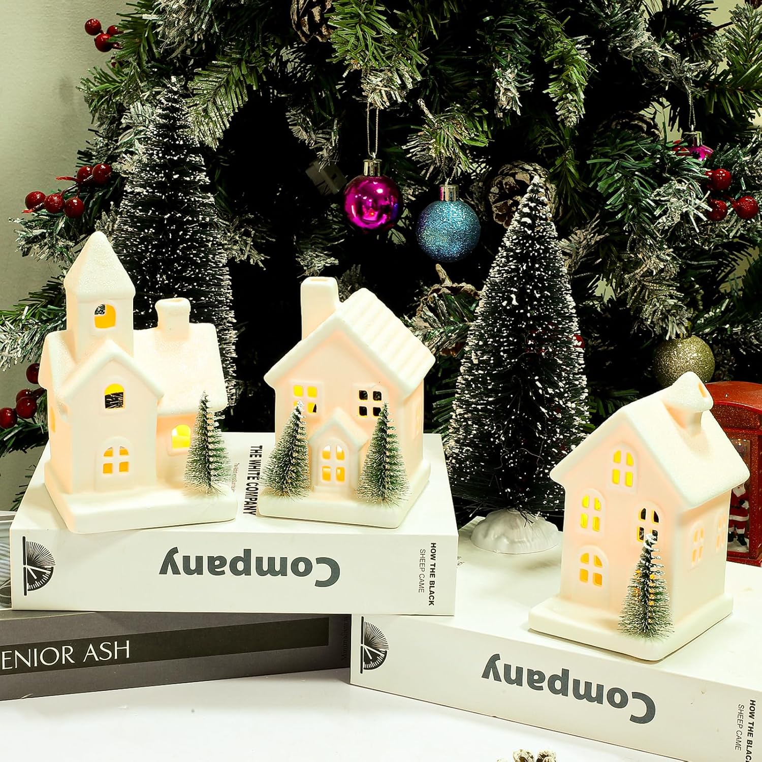 Skiennix Christmas Village Set - 5 LED Lighted Ceramic Houses with 2 Decorative Trees | Holiday Home Decor
