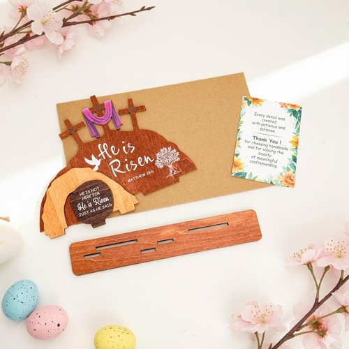 Alcarin He Is Risen Easter Decor - Wooden Resurrection Scene with Cross & Figurines | Christian Tabletop Decoration