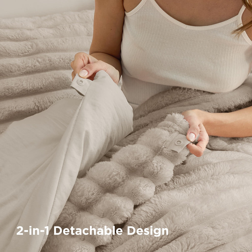 Bedsure Gentlesoft™ 2-in-1 King Size Comforter Set and Detachable Fluffy Blanket, Beige Bedding Set for All Season Use, Detachable Design for Space Saving (Includes 2 Pillow Shams, 2 Pillowcases)