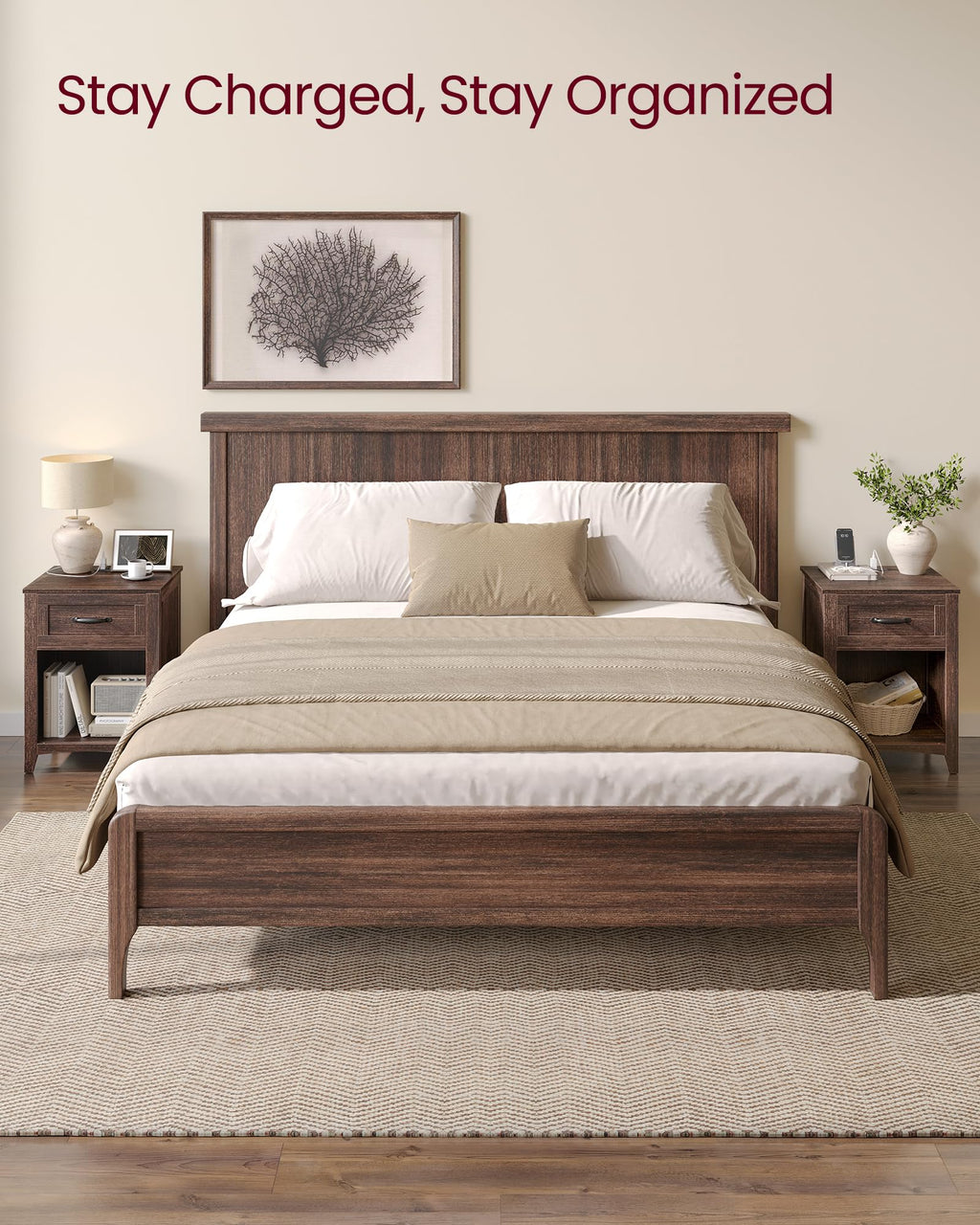 VASAGLE LIRY Collection - Farmhouse Nightstands with Charging Station, Set of 2 Bedside Tables, Side Tables with Drawer, Open Compartment, for Bedroom, Maroon Brown ULET959K51