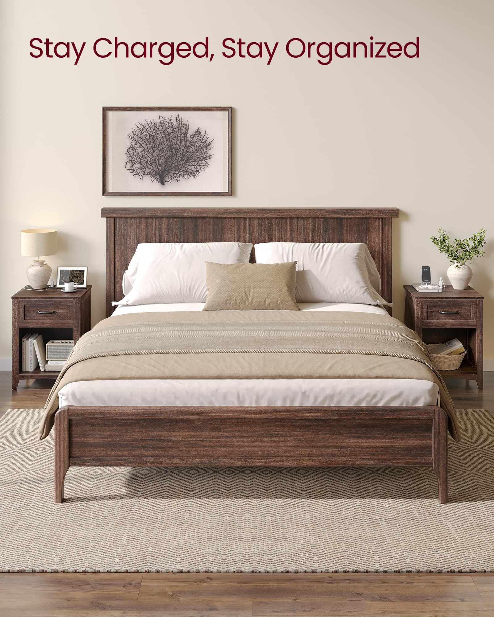 VASAGLE LIRY Collection - Farmhouse Nightstands with Charging Station, Set of 2 Bedside Tables, Side Tables with Drawer, Open Compartment, for Bedroom, Maroon Brown ULET959K51