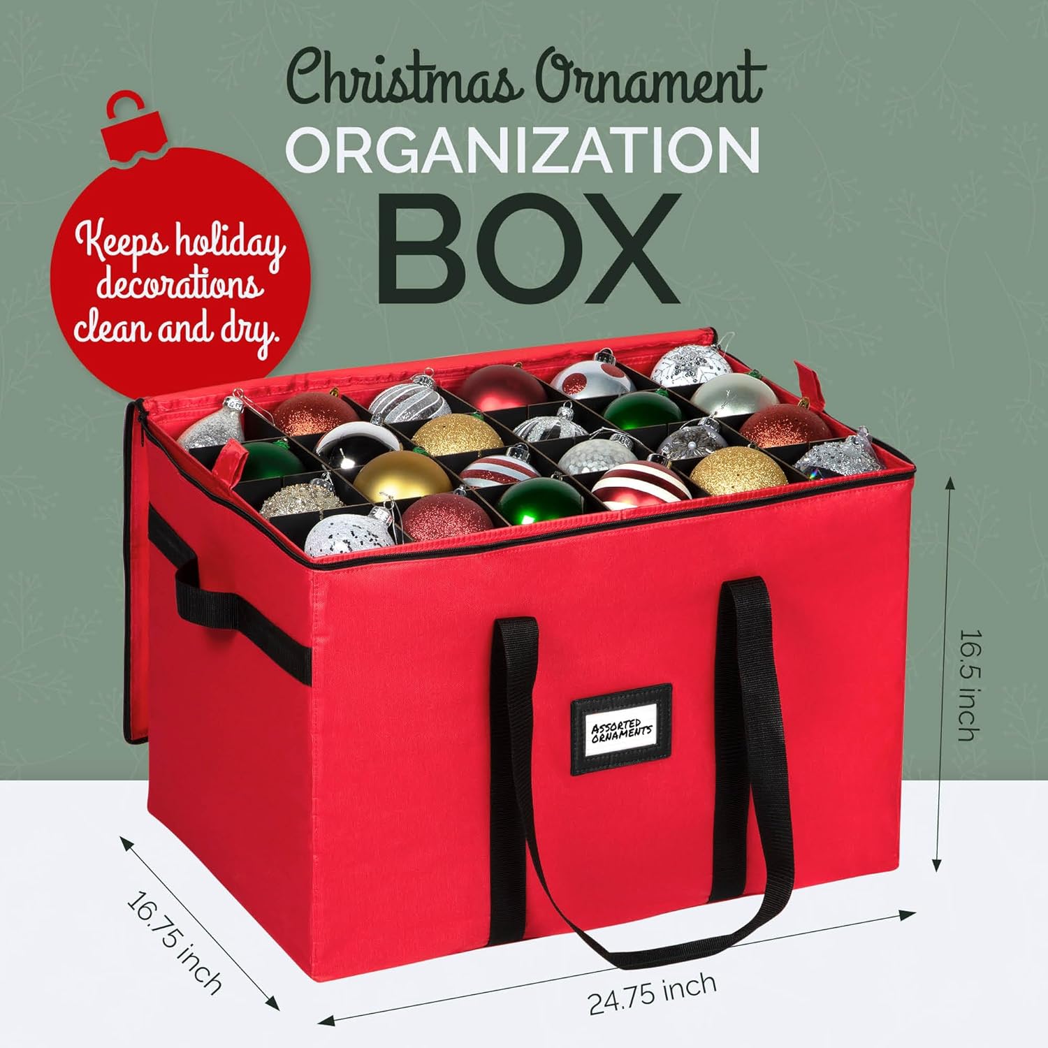 Regine Switzerland Christmas Ornament Storage Container - Large Organizer Bin with Adjustable Dividers for 96 Ornaments