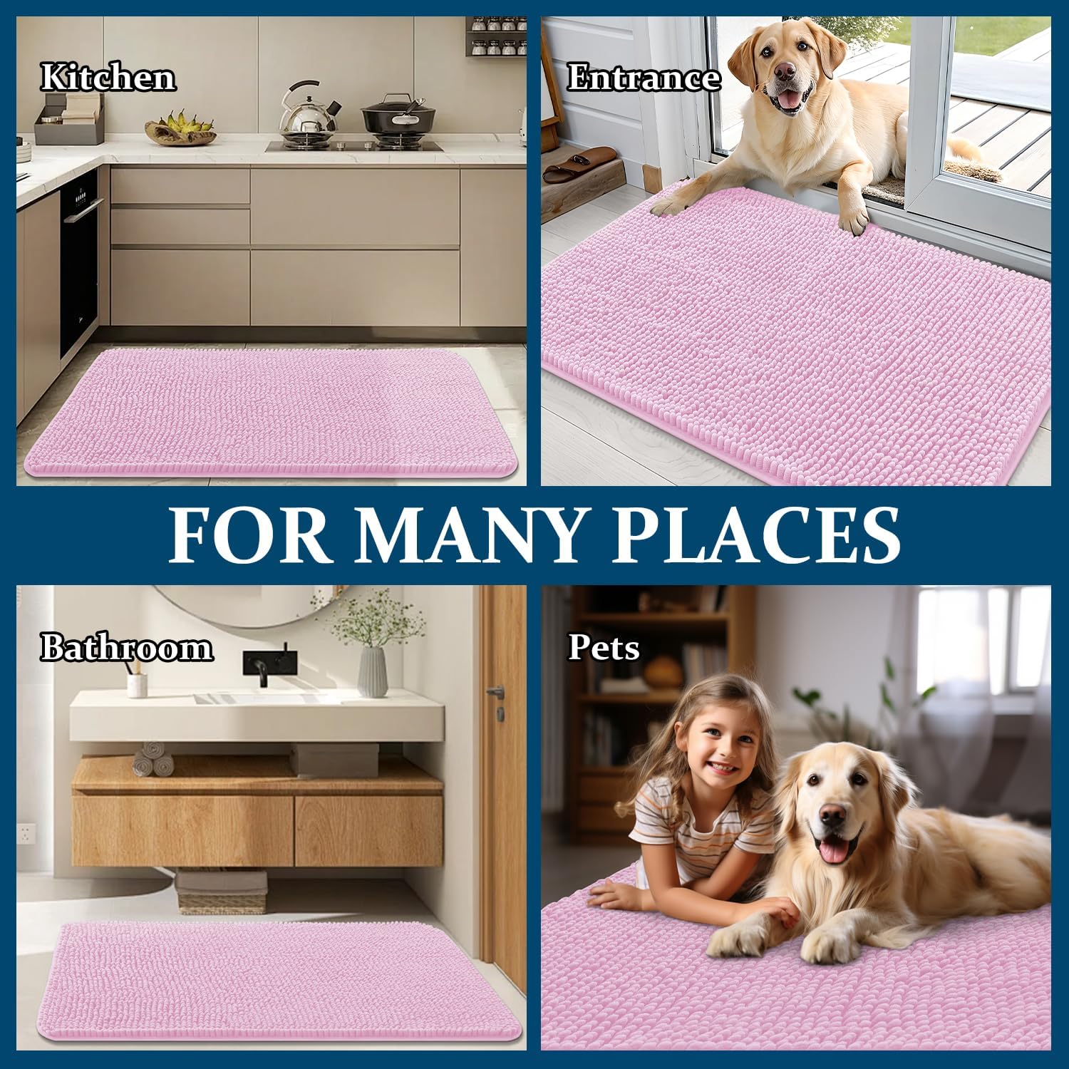 OLANLY Dog Door Mat - Absorbent Non-Slip Chenille for Muddy Paws | 24x16, Quick Dry, Pink