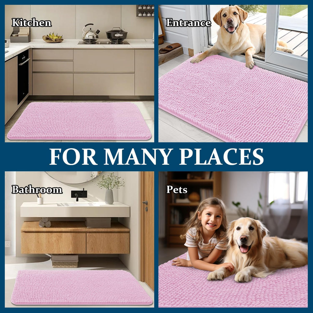 OLANLY Dog Door Mat - Absorbent Non-Slip Washable Chenille Mat for Muddy Paws | 70x46, Pink