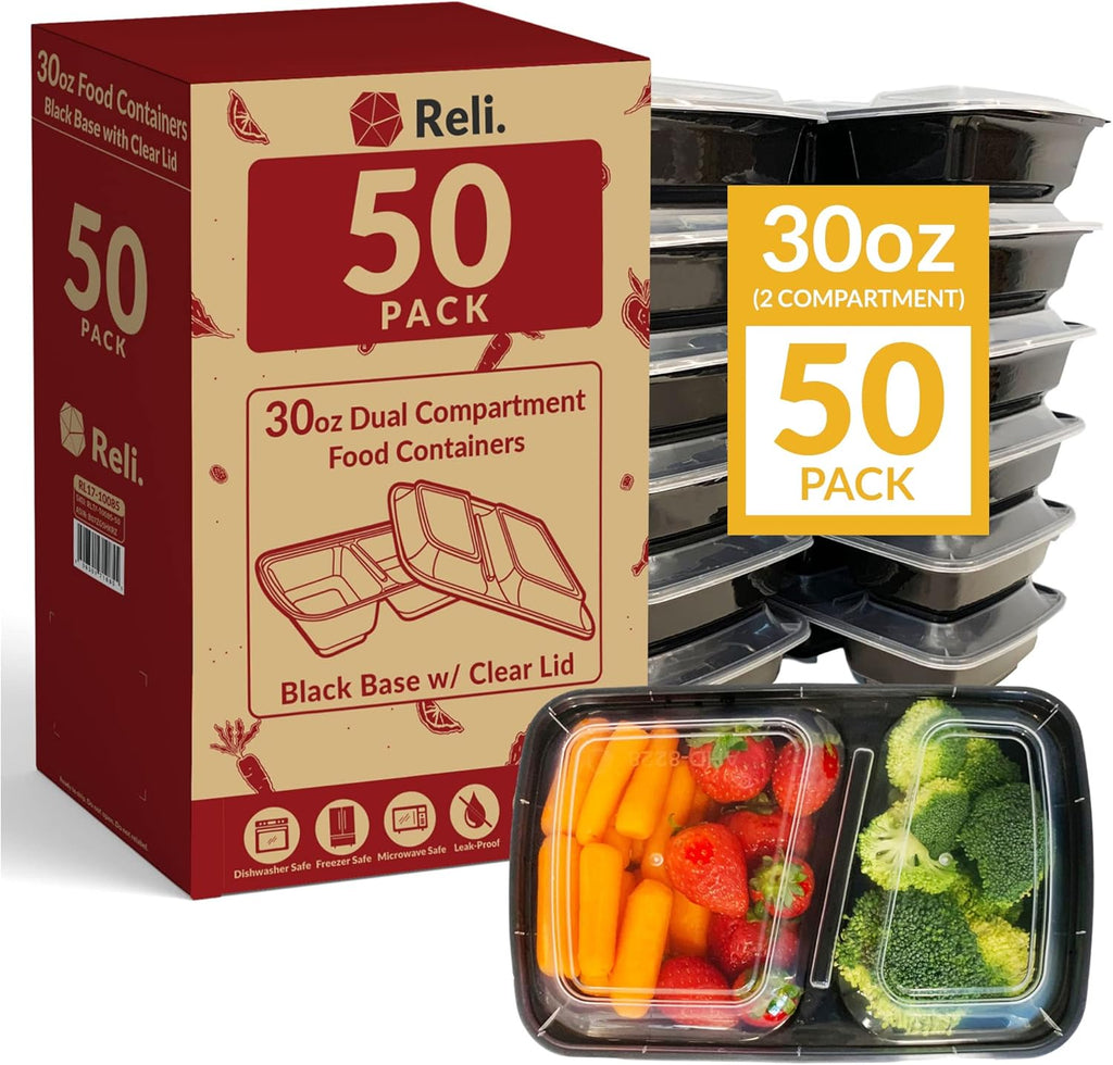 Reli. Meal Prep Containers - 30 oz. Black 2-Compartment Food Storage with Lid | Reusable Bento Box for Easy Meal Prep