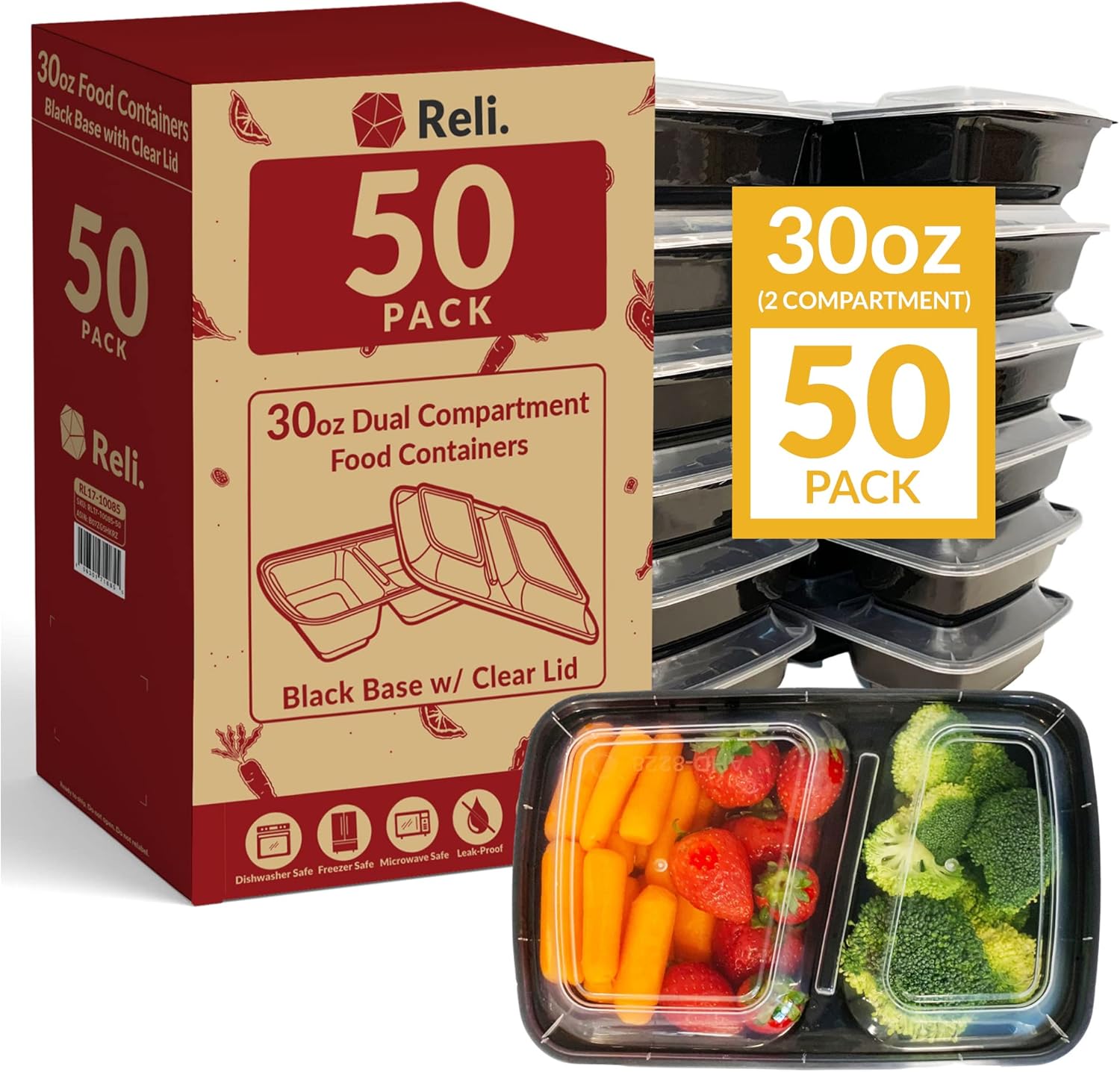 Reli. Meal Prep Containers - 30 oz. Black 2-Compartment Food Storage with Lid | Reusable Bento Box for Easy Meal Prep