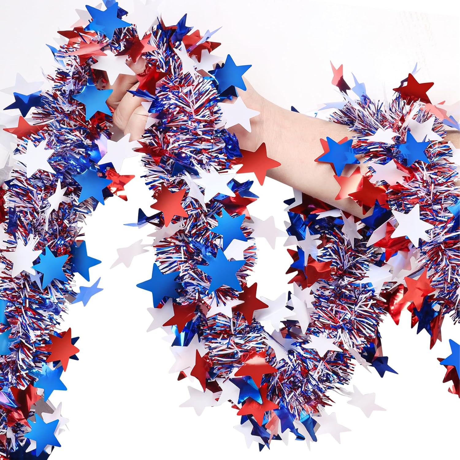 Skiennix 50Ft Glitter Tinsel Garland - Patriotic 4th of July Decorations for Indoor/Outdoor Use