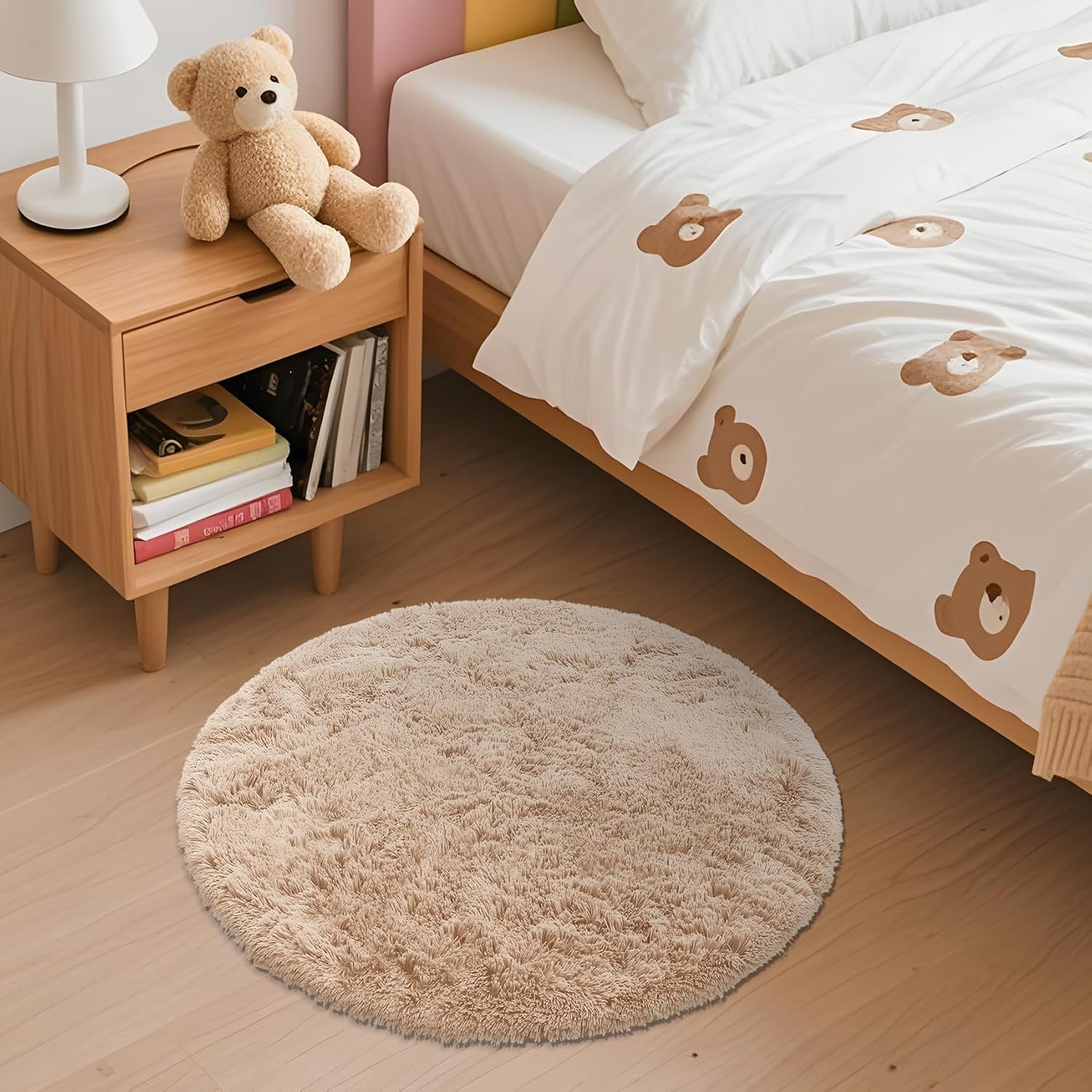 OLANLY Round Beige Area Rug - Soft, Fluffy, Machine Washable 2 ft Circle Carpet for Bedroom & Nursery Decor
