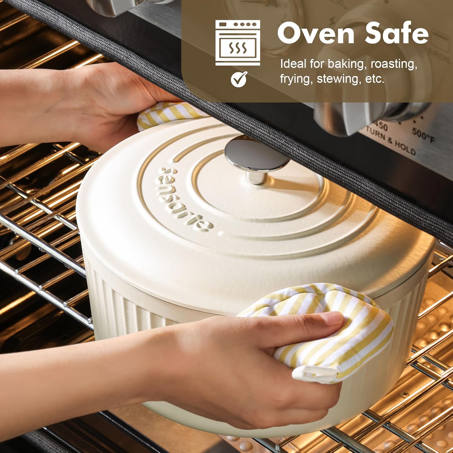 SENSARTE Enameled Cast Iron Dutch Oven - 3.5 Quart Heavy-Duty Kitchen Pot with Lid & Potholders | White
