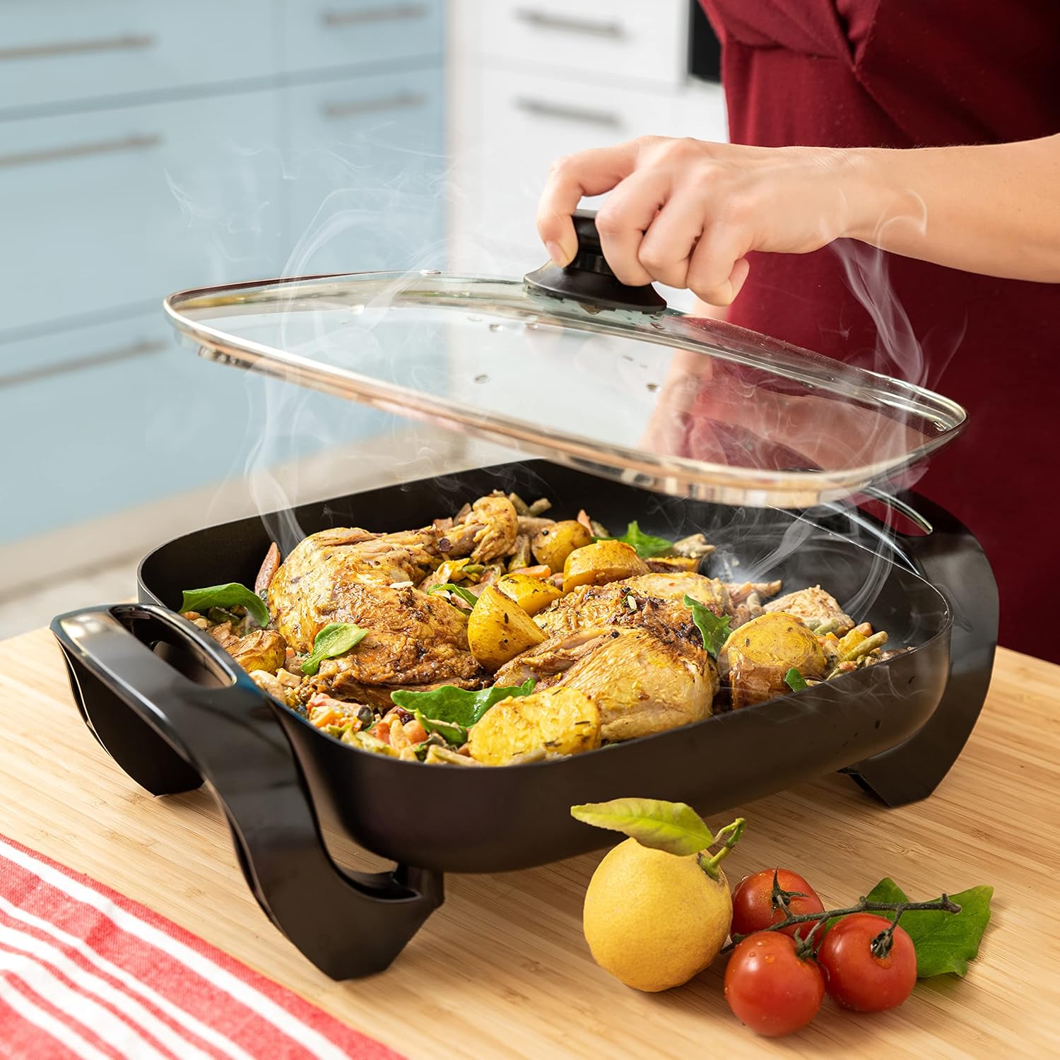 Moss & Stone Nonstick Electric Skillet - 12x12 Inch Aluminum Frying Pan with Vented Glass Lid & Adjustable Temperature Control