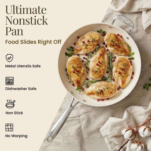 GOTHAM STEEL Cream 14 Inch Non Stick Frying Pans, Large Family Sized Nonstick Cooking Pan Skillet, Nonstick, 100% PFOA Free Ceramic Coating, Oven and Dishwasher Safe, Cream White
