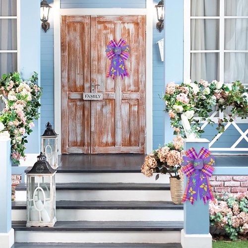 Hying Spring Flower Wreath Bows - 2-Piece Purple & Pink Burlap Set for Front Door Decor