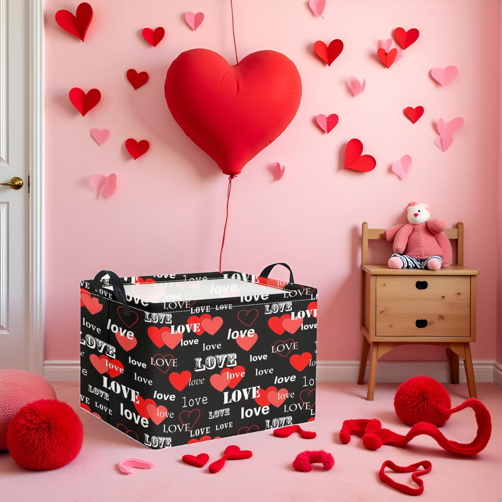 TIBAOLOVER Rectangular Valentines Basket for Home Kitchen Girls Cute Kids Storage Bin Organizer Shelf Book Room Decor(Black Red Love)