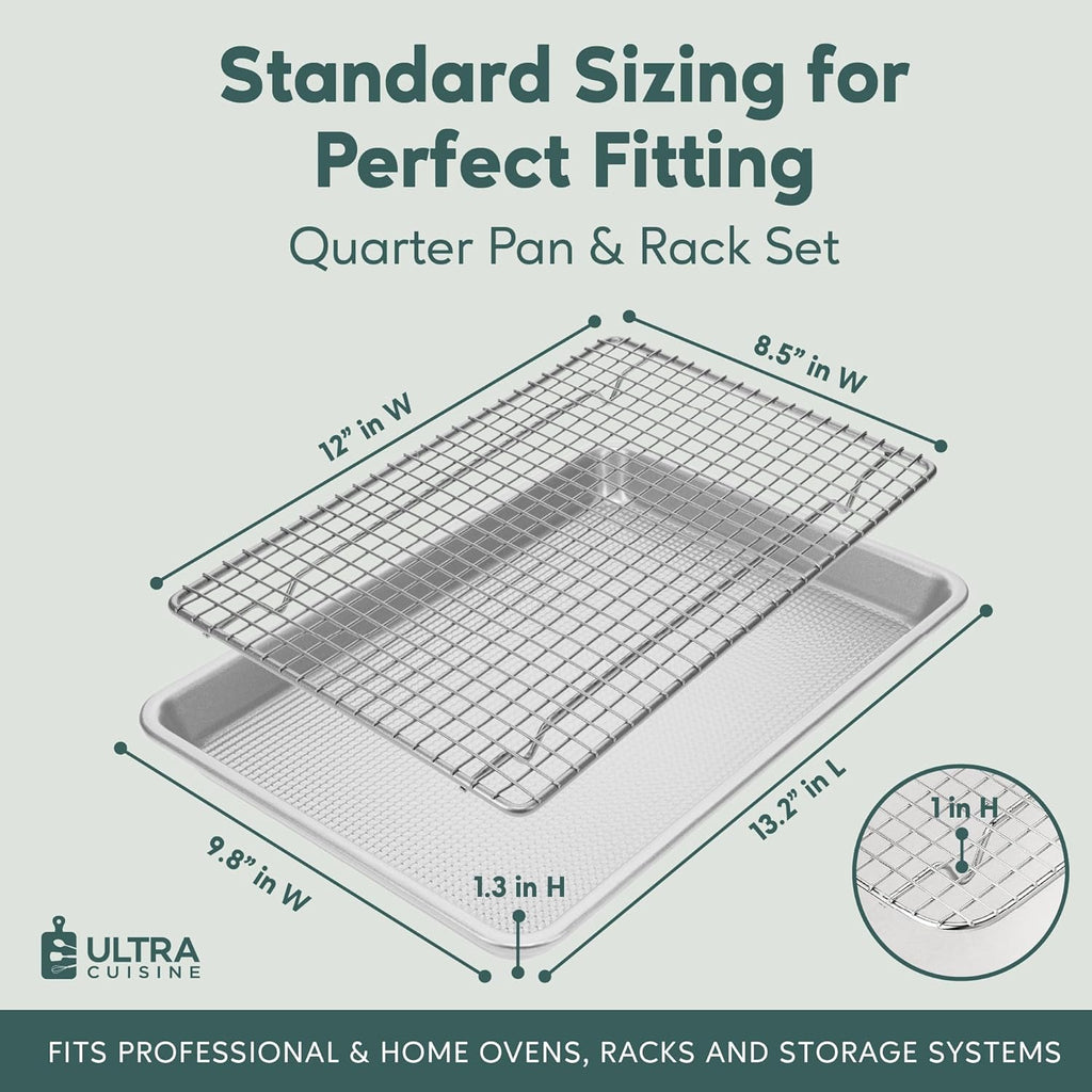 Ultra Cuisine Quarter Sheet Pan Set - Premium Aluminum Baking Sheet & Stainless Steel Rack | Commercial Quality (Pack of 2)