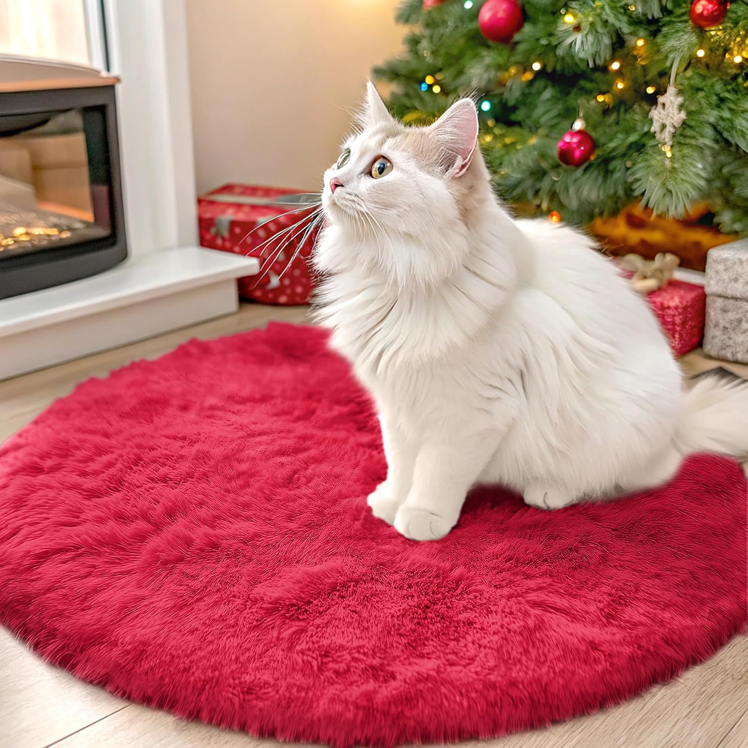 OLANLY Red Round Area Rug - Soft, Fluffy, Machine Washable 2 ft Circle Carpet for Bedroom & Living Room Decor