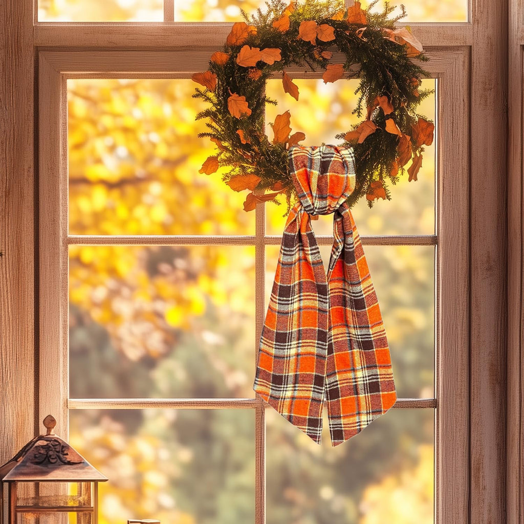 Skiennix Wreath Sash - Orange Plaid Garland Ribbon for Indoor/Outdoor Home Decoration