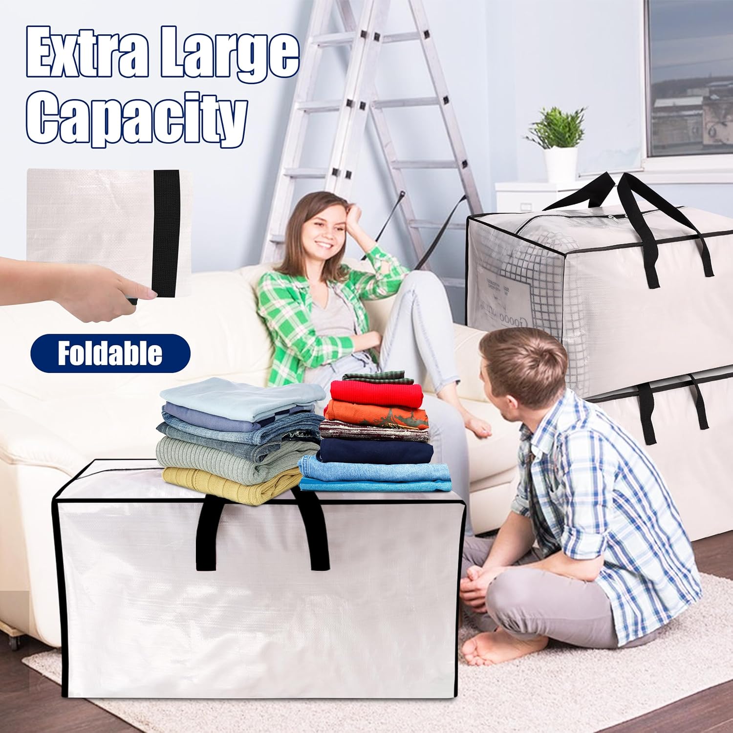 Sweet Dolphin Extra Large Moving Bags - Heavy Duty Storage Totes with Strong Zippers & Handles | 6 Pack, Semi-Transparent