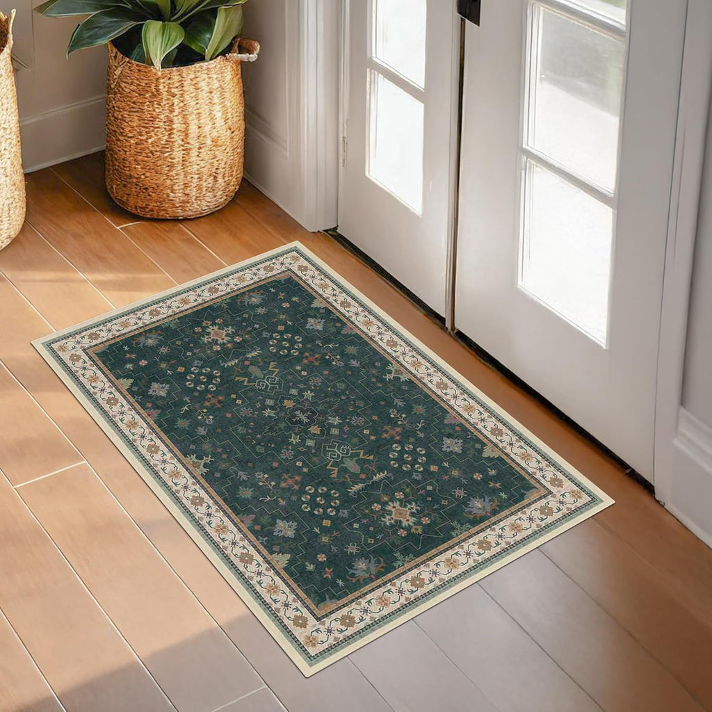 Oushak Dark Green 2x4 Entryway Rug - Modern Vintage Boho Floral Design, Washable Non-Slip Small Area Rug
