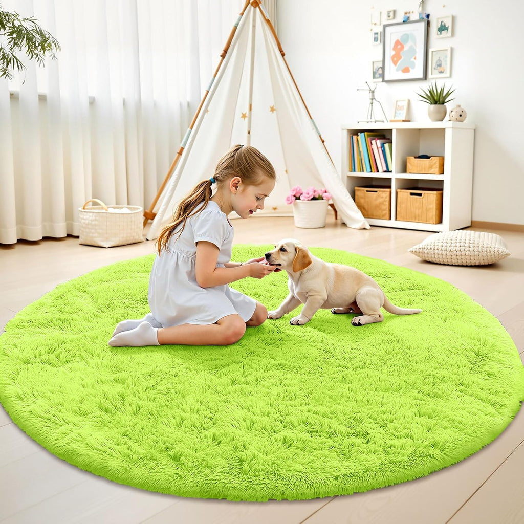 OLANLY Round Lime Green Area Rug - Soft, Fluffy, Machine Washable 6 ft Circle Carpet for Bedroom & Living Room