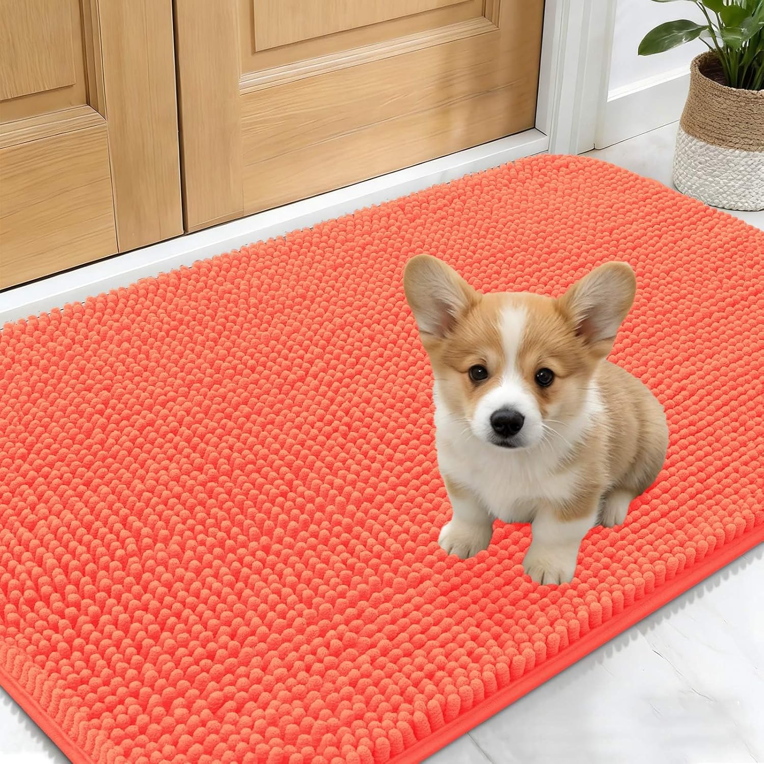 OLANLY Dog Door Mat - Absorbent Non-Slip Chenille for Muddy Paws | 30x17 Coral Indoor Entryway Carpet