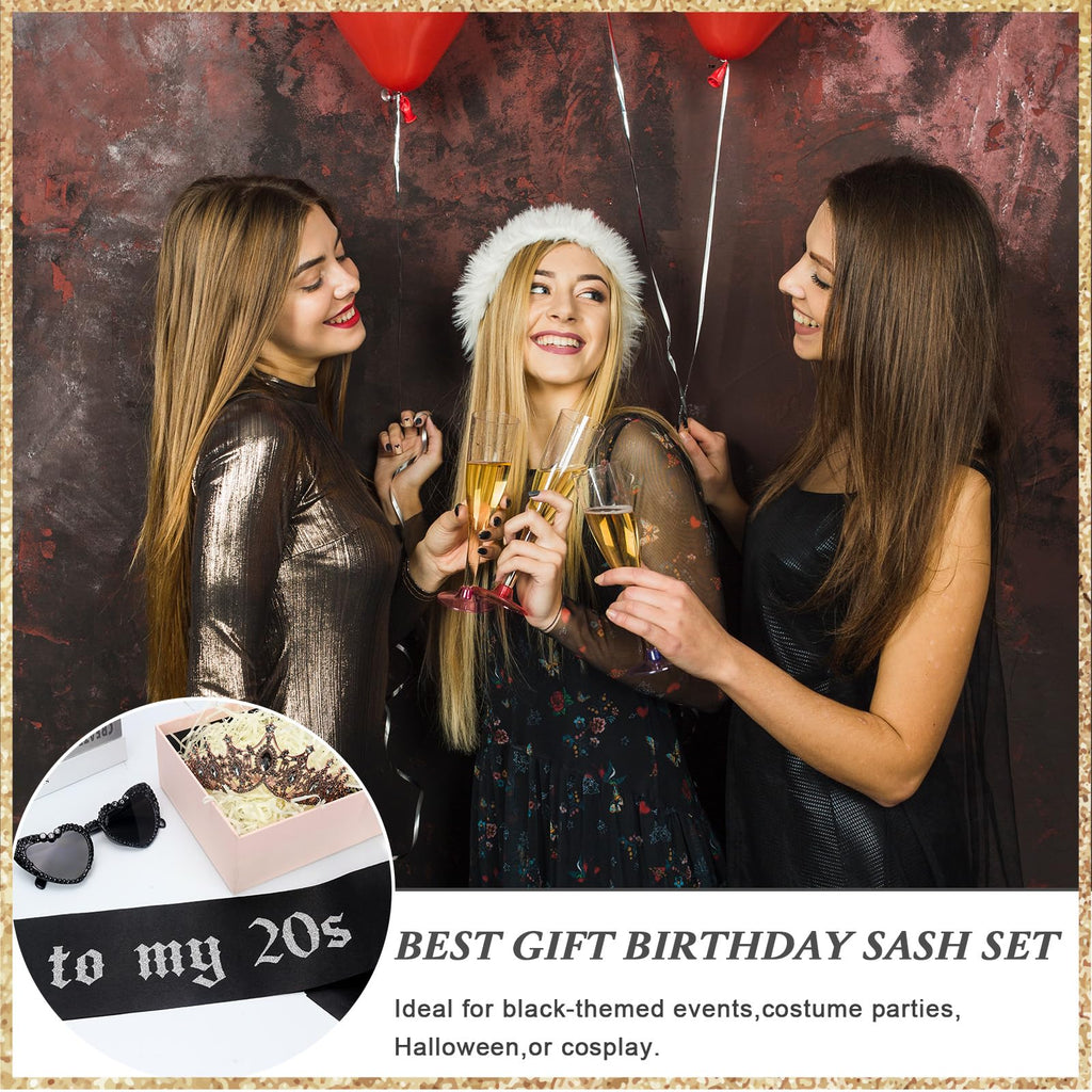 Rip To My 20s Sash And Crown with Sunglasses Set Black Birthday Sash Bronze Gold Crown Birthday Party Accessories for Women 30th Birthdays Glitter Party Favors (Sash&Crown&Sunglasses)