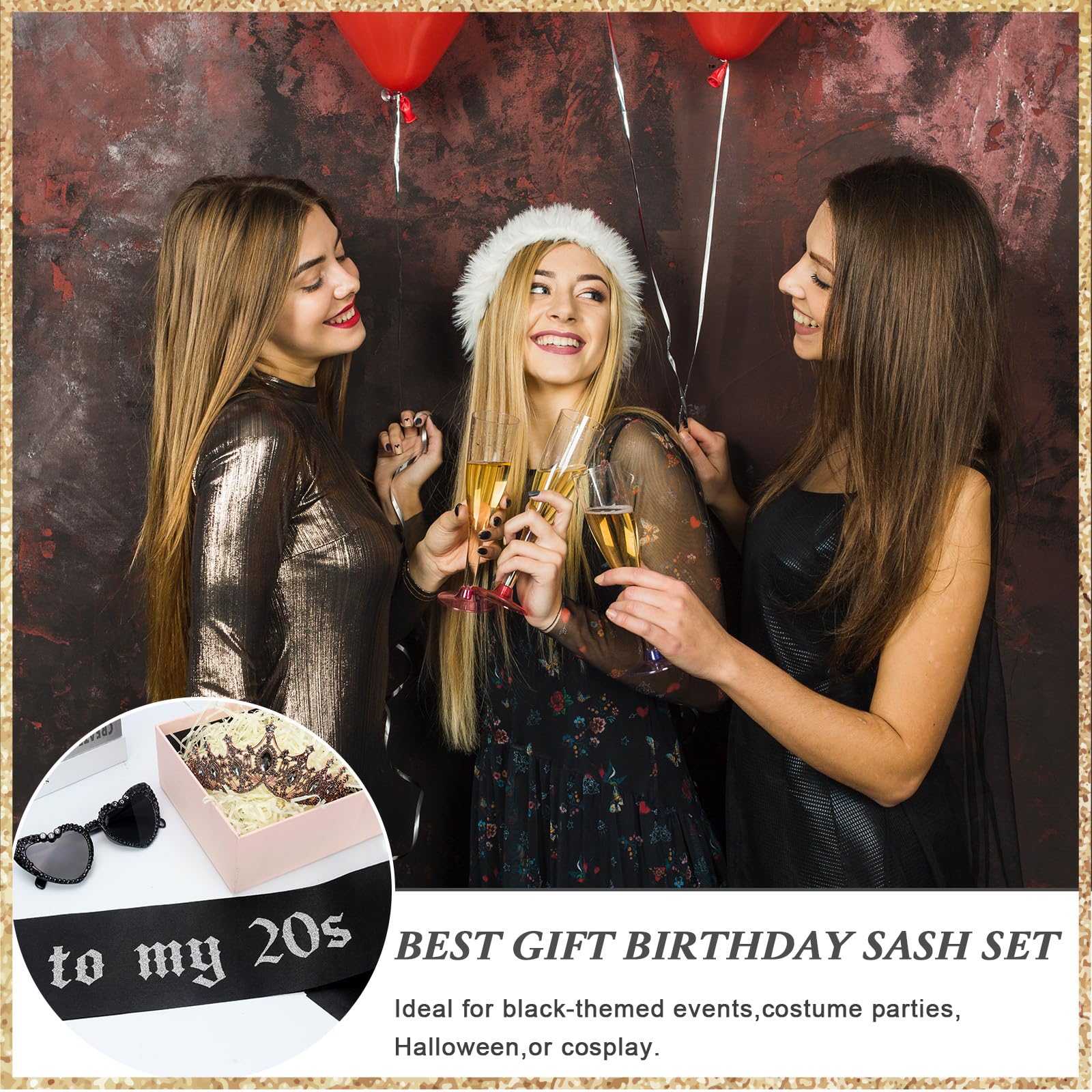 Rip To My 20s Sash And Crown with Sunglasses Set Black Birthday Sash Bronze Gold Crown Birthday Party Accessories for Women 30th Birthdays Glitter Party Favors (Sash&Crown&Sunglasses)