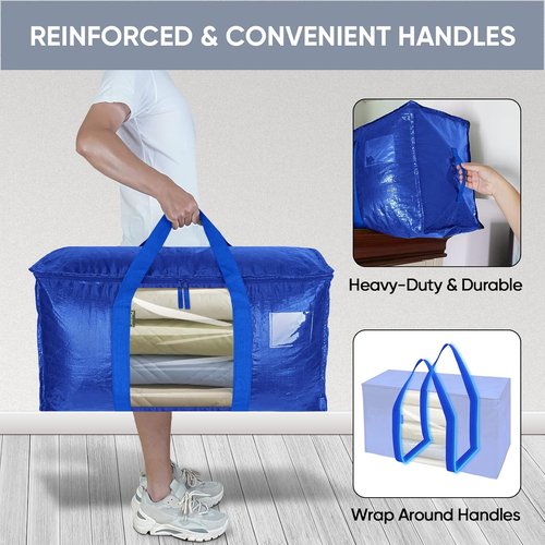 BALEINE Oversized Moving Bags - Heavy-Duty Storage Totes with Reinforced Handles | Blue w/Window, 4-Pack