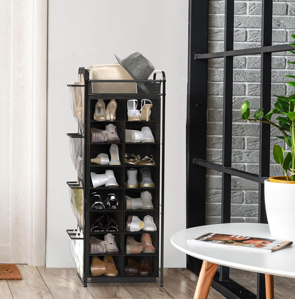 Simple Houseware 16-Cube Shoe Stand Tower Rack - 8-Tier Design with Top Shelf & Side Pockets, Black