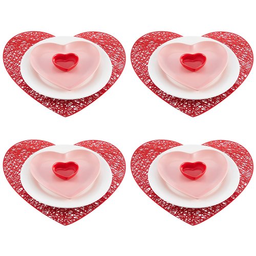 Jinei 16 Pcs Valentine‘s Day Tableware Set Include Large Pink Heart Ceramic Flat Plates White Dinner Ceramic Plates Red Heart Dish Bowls and Place Mats for Wedding Anniversary Party Decorations