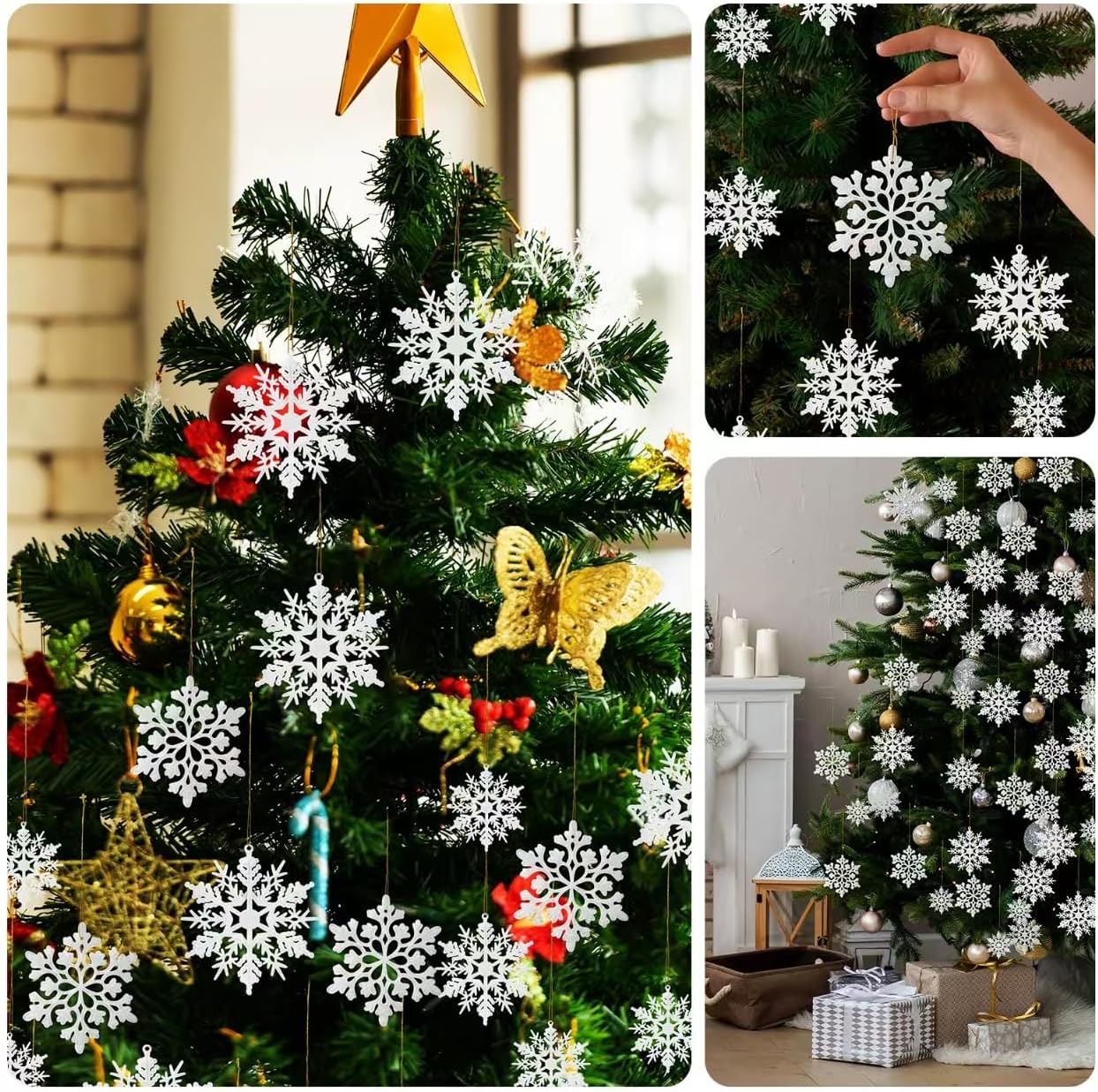 Skiennix 36-Pack Snowflake Christmas Tree Ornaments - White Glitter Decorations for Festive Cheer
