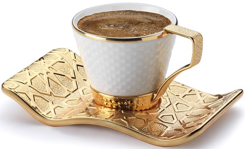 DEMMEX Turkish Greek Arabic Bosnian Coffee & Espresso Cup Set for 6 – 18 Pcs, Porcelain Demitasse Cups (2.6 Oz/80ml) with Gold Metal Holders & Saucers – Ottoman Chic Elegance, White & Gold