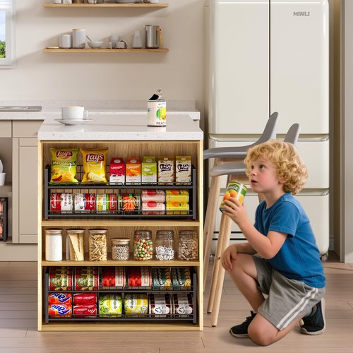 2-Pack Stackable Can Organizer for Pantry Shelf, Adjustable Extra-Long Rolling Can Rack for Kitchen Cupboard Storage, Sturdy Standing Can Holder for Canned Food Goods Soda up to 128, 2 Tier, Black