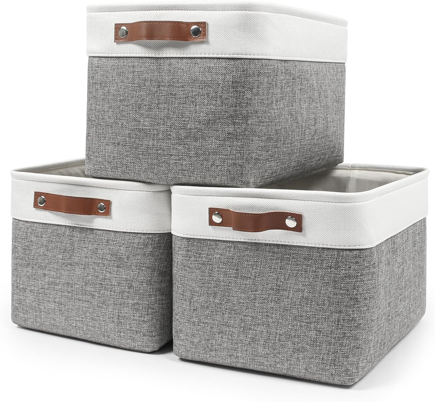 Bagnizer Storage Bins - Large Fabric Baskets for Organizing | 3-Pack Decorative Linen Bins (Grey & White) 15x11x9.5 Inches