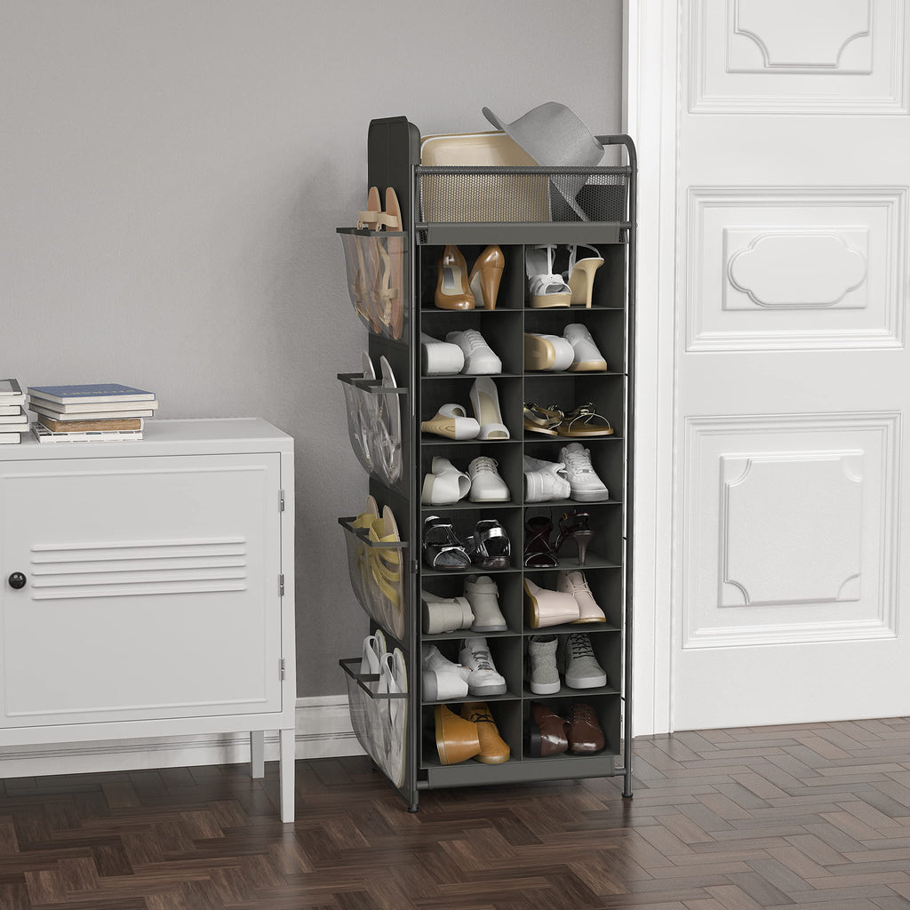 Simple Houseware 16 Cube Shoe Stand Tower Rack 8 Tier with Top Shelf and Side Hanging Pockets, Dark Gray