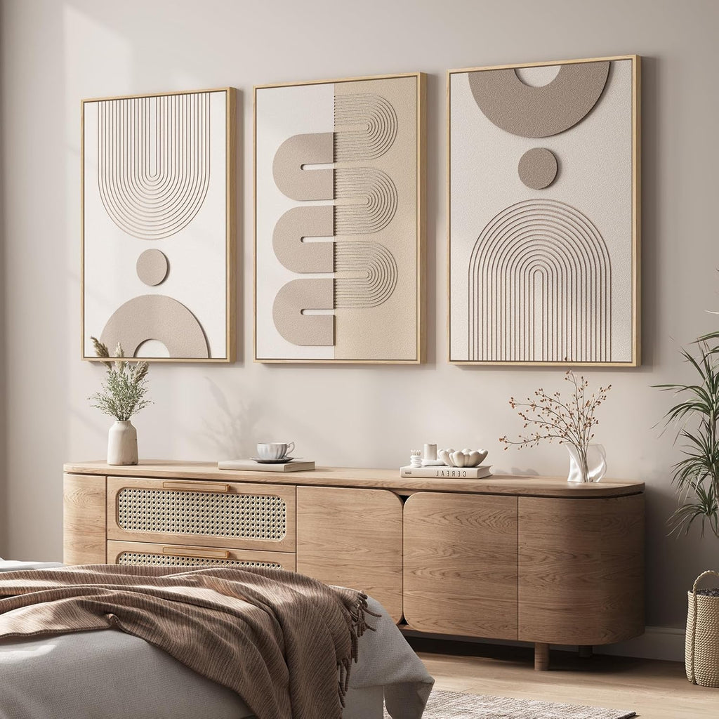 Skiennix Large 3D Textured Framed Boho Wall Art - Modern Beige & White Abstract Paintings | 24x36 In, 3 Piece Set