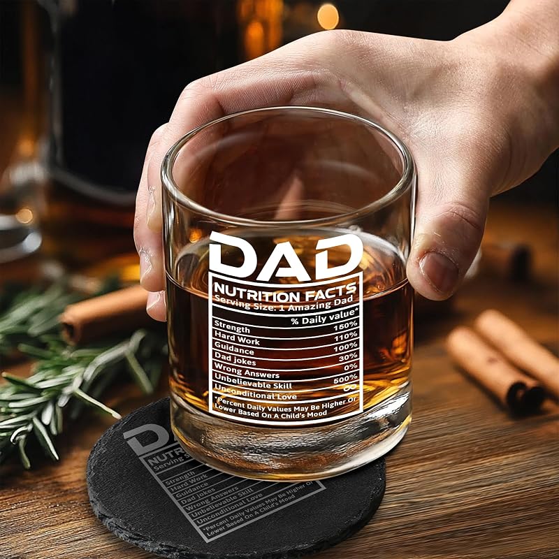 Dad Nutrition Facts Whiskey Gift Set in Wooden Box – 11oz Glass, Coaster, Recipe Cards – Variation of THIS listing