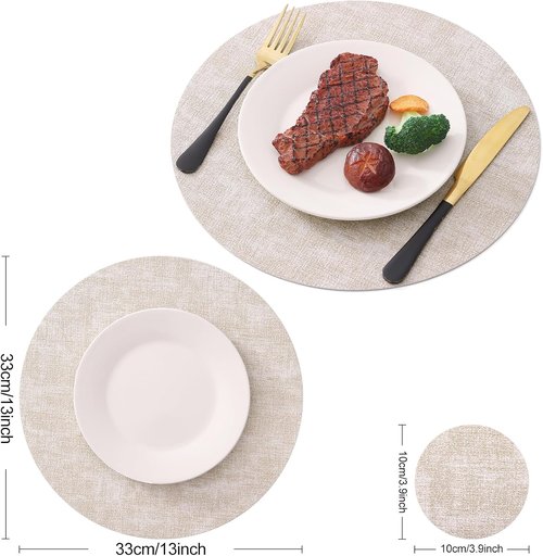 Homaxy Round Faux Leather Placemats - Washable Dual-Sided Table Mats Set of 6 | 13" & 3.93" Beige