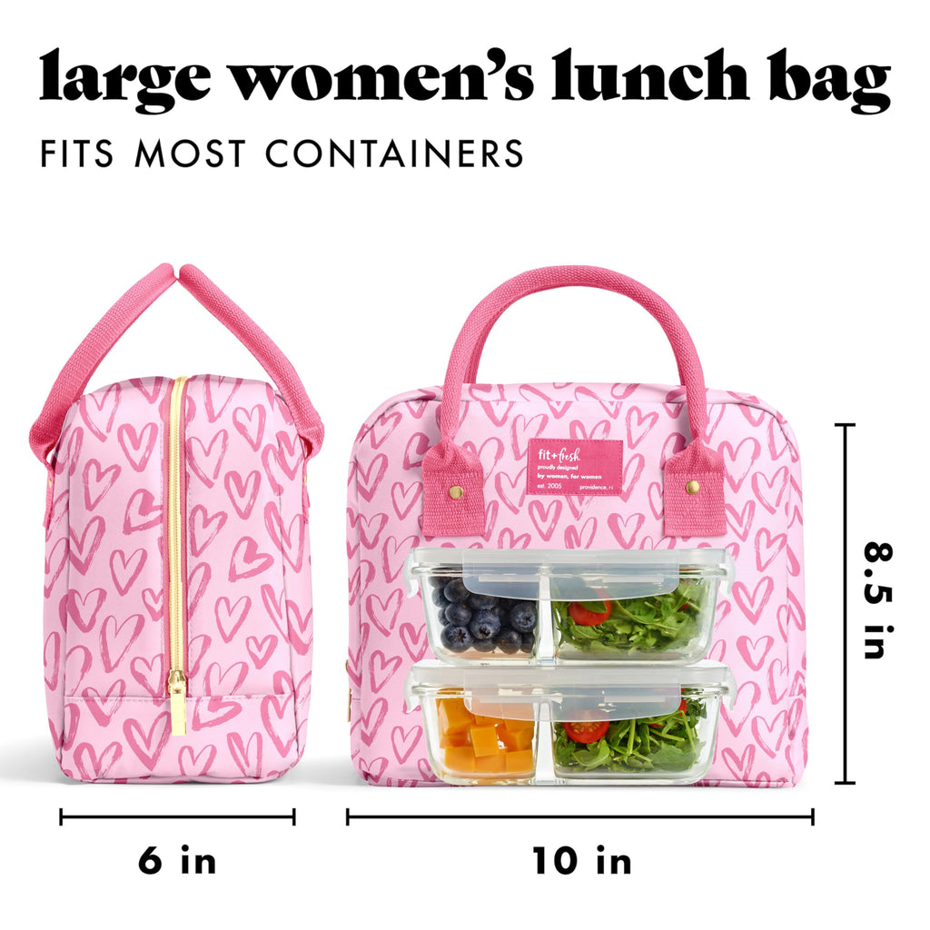 Fit & Fresh Bloomington Lunch Bag for Women - Insulated Large Lunch Box for Work with Containers, Leak-Resistant, Stain-Resistant, Zipper Closure, Pink Doodle Hearts