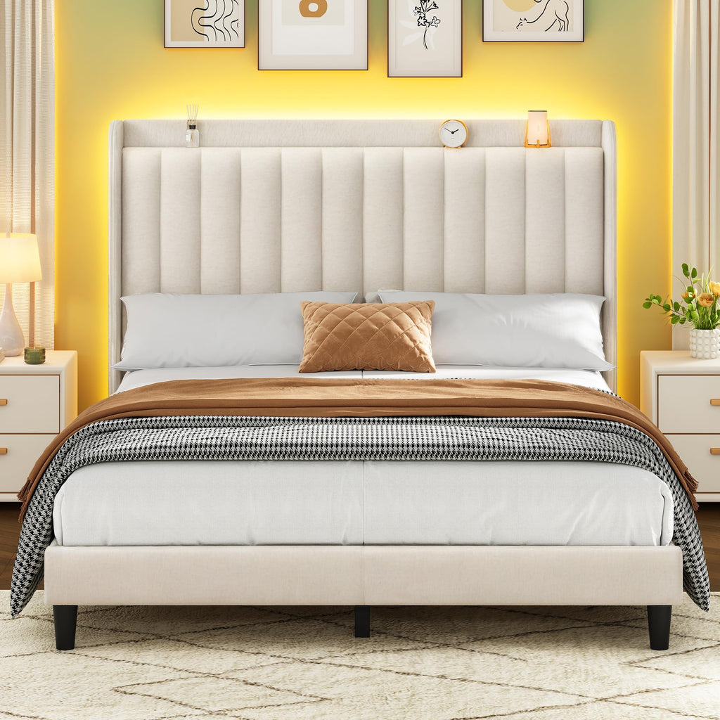 YITAHOME Full Bed Frame with Adjustable Vertical Channel Wingback Headboard, Upholstered Platform Bed with LED Lights, Solid Wood Slat Support, No Box Spring Needed,Beige