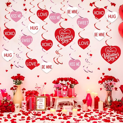30 PCS Hearts Hanging Swirls Decoration Pre-Strung Valentines Day Hanging Decorations Conversation Hearts Ceiling Streamers for Valentines Day Party Home Decor
