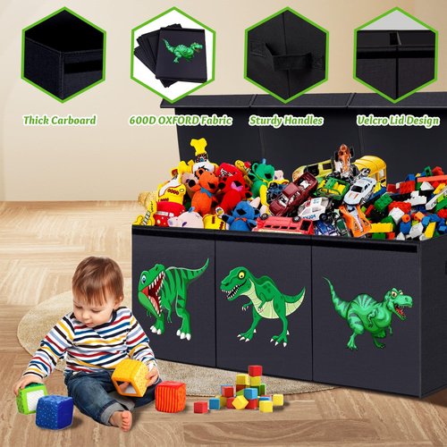 Extra Large Toy Box, Collapsible Sturdy Toy Storage Organizer with Lids, Dinosaur Toy Boxes for Boys Girls, 40.6"x 14"x16.5" Kids Toy Chest Bin Box Baskets for Living Room, Playroom, Bedroom, Nursery