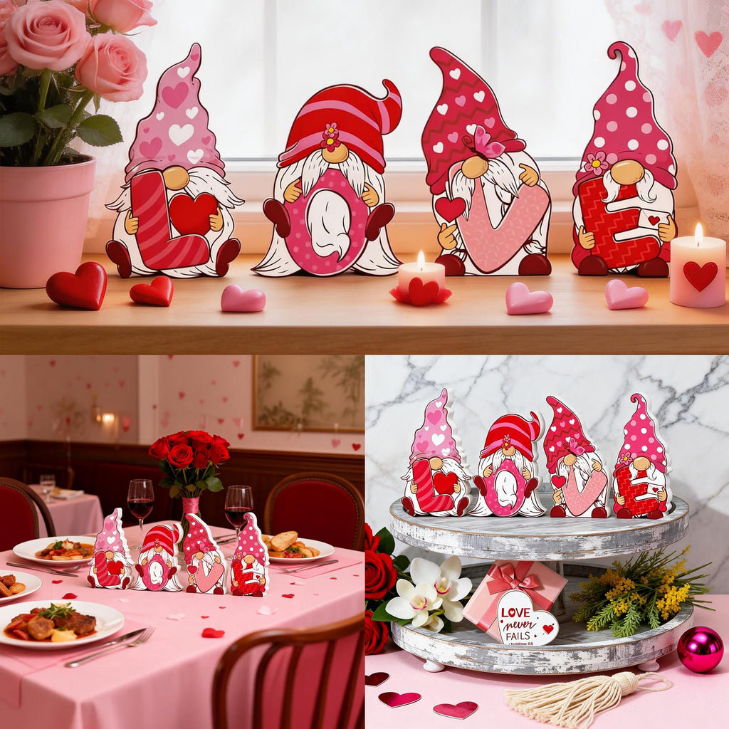 Valentines & St Patricks Day Decorations, 4 Pcs Double-sided Love & Luck Gnome Wooden Sign for Table Tiered Tray Mantel Decorations, Valentine and Shamrock Gnomes Centerpieces for Home Office Gifts