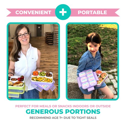 kinsho Bento-Box Lunch-Boxes for Kids, Girls, Lunch and Snack Containers for Toddler Daycare, School, Travel BPA-Free, 4 Divided Compartments Utensils (Purple Rainbow Unicorn, 2 Pack)