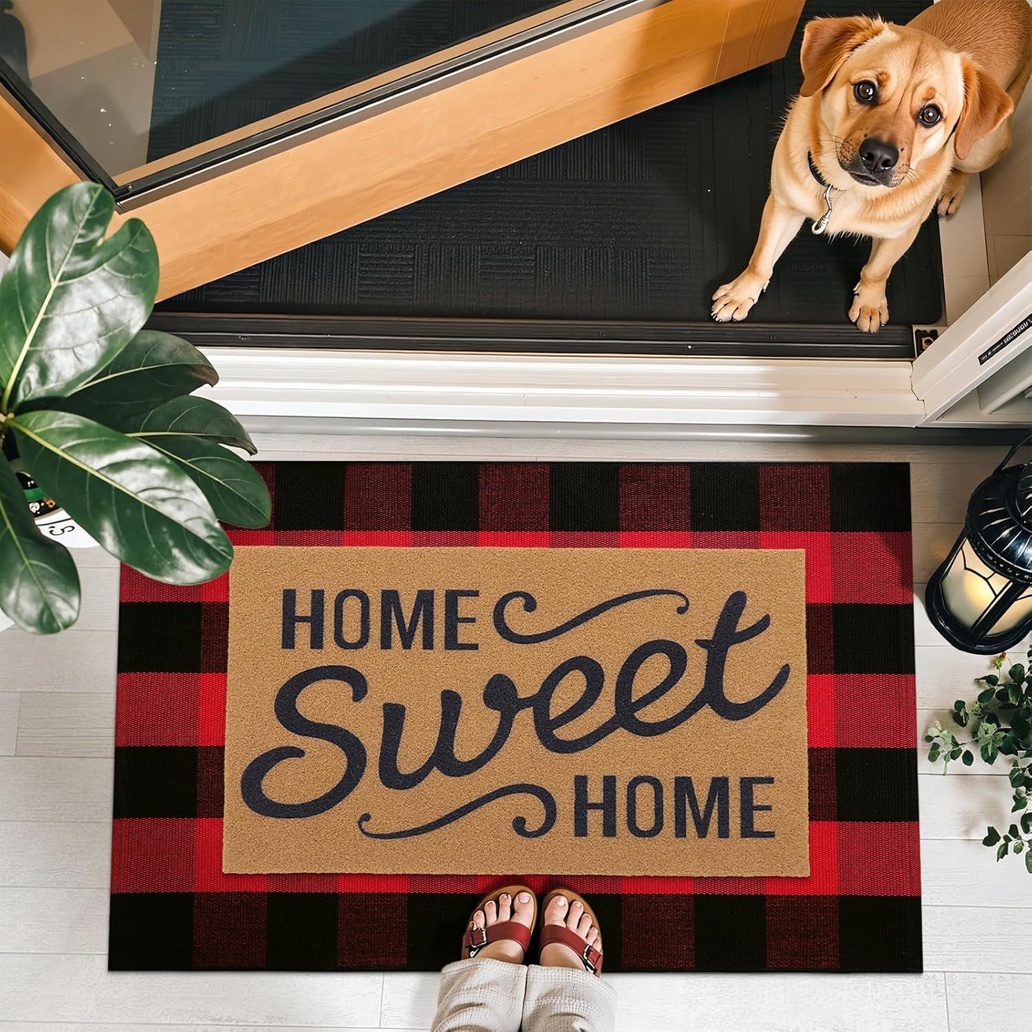 OLANLY Buffalo Plaid Rug - Washable Red and Black Checkered Doormat | 2'4" x 3'7" for Indoor/Outdoor Use