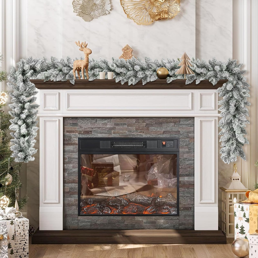KOIUEYW Flocked Garland with Lights,9FT Battery-Powered Pre-Lit Christmas Garland, Glittered Artificial Christmas Garland with Warm LEDs for Mantle Home Fireplace Stairs Party Decoration
