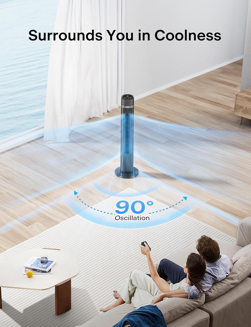 Pelonis 40-Inch Bladeless Tower Fan - Quiet 3-Speed Remote Control, 90° Oscillation, Black
