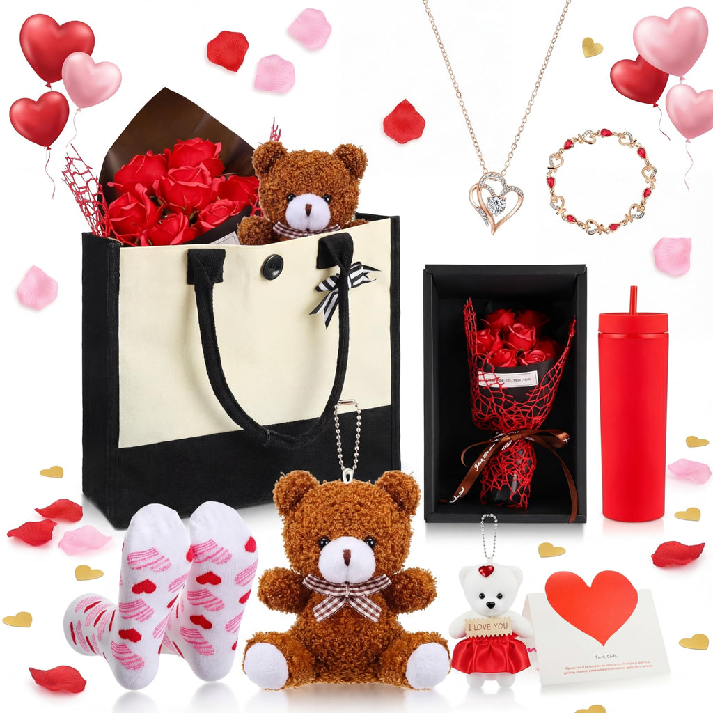 Reallnaive 9 Pcs Valentine's Day Gifts for Her, Anniversary Birthday Gifts for Wife, Gift for Women Set Includes Tumbler Artificial Flower Bouquet Keychain Necklace Bracelet Tote Bag Sock Card(Red)