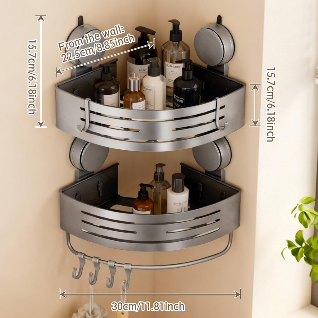Structoline Corner Shower Caddy Bathroom Organizer,2-Packed Gray No-Drilling Aluminum Suction Cup Corner Shower Shelf with Towel Bar and Hooks,Moder Wall Shower Organizer and Storage Decor