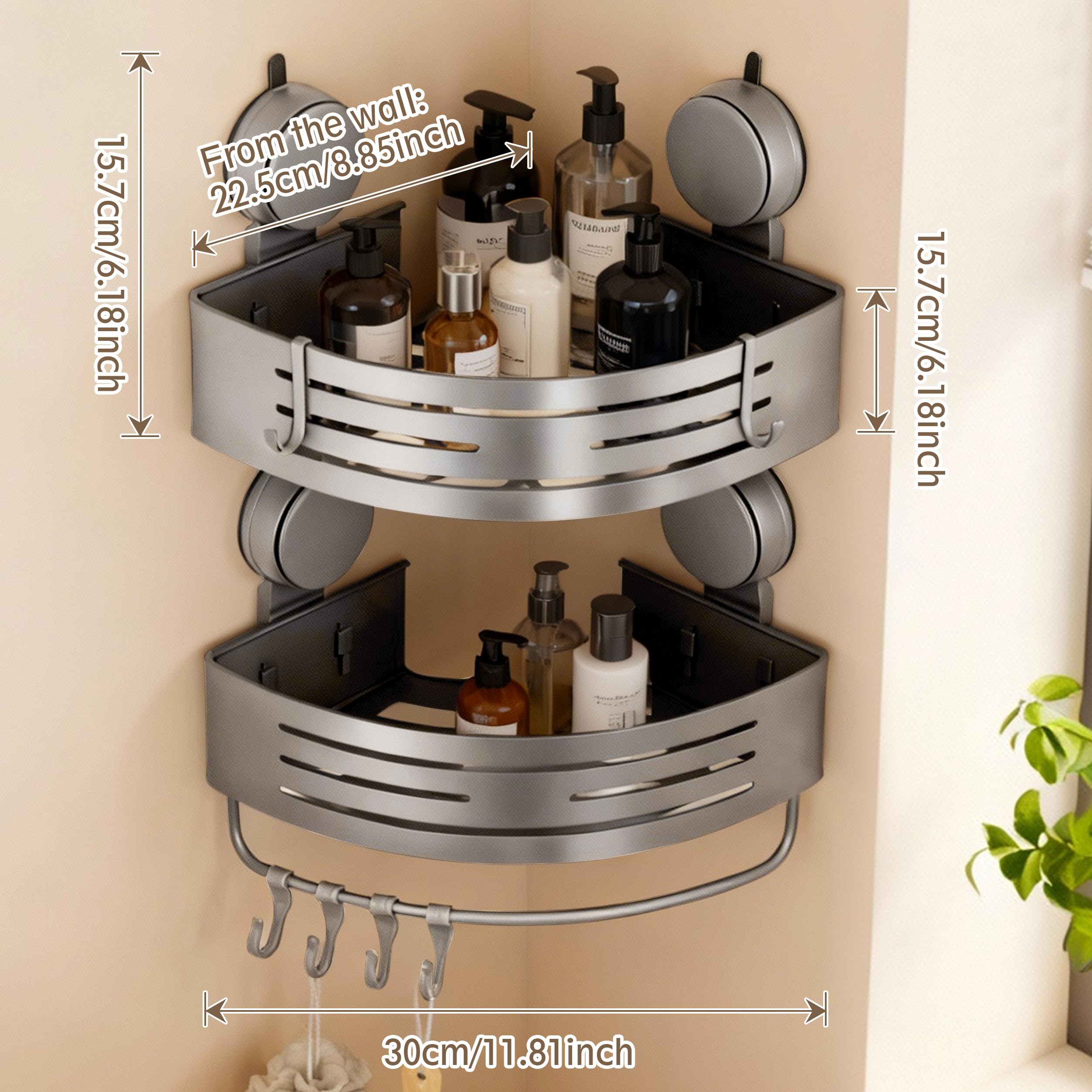 Structoline Corner Shower Caddy Bathroom Organizer,2-Packed Gray No-Drilling Aluminum Suction Cup Corner Shower Shelf with Towel Bar and Hooks,Moder Wall Shower Organizer and Storage Decor